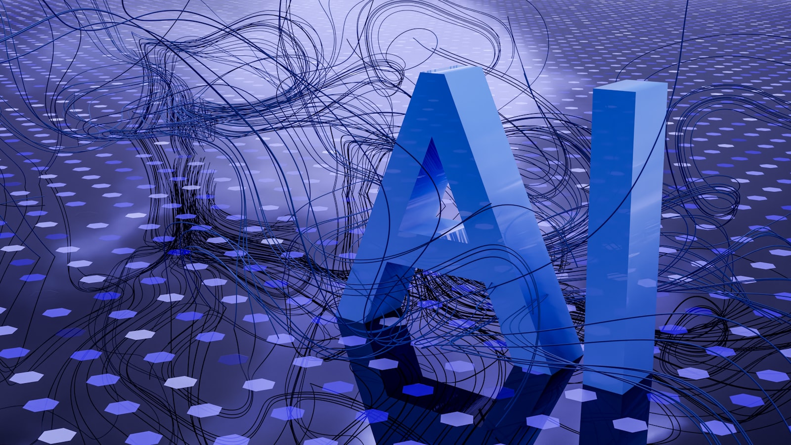 Abstract blue AI letters surrounded by flowing data lines, representing artificial intelligence reshaping web development